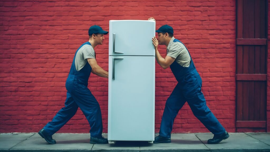 déménageurs qui déplacent un frigo